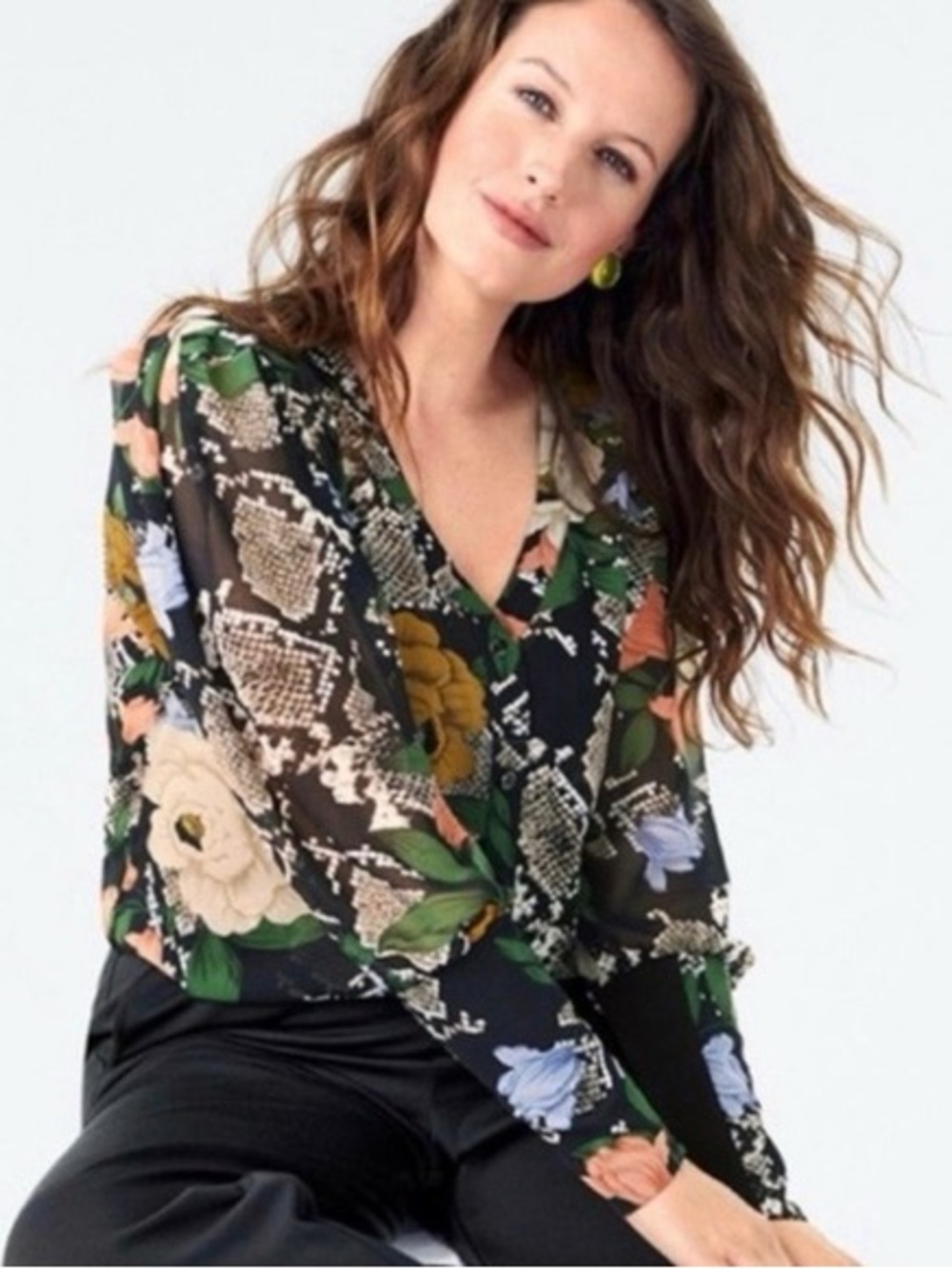 CAbi Vibrant Floral and Snake Print blouse